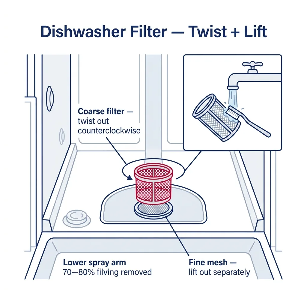 Top-down view of a dishwasher tub showing the filter assembly with coarse and fine mesh, with twist-out direction and cleaning inset.