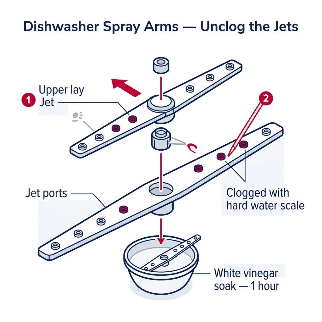 Exploded view of upper and lower dishwasher spray arms with jet ports, some clogged in red, with toothpick and vinegar soak bowl.
