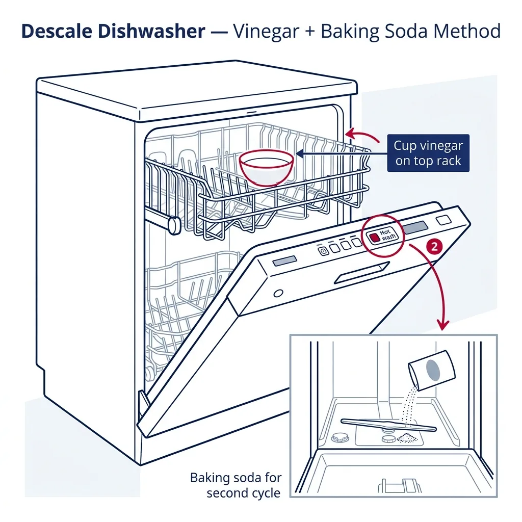 Inside view of an open dishwasher with a vinegar bowl on the top rack and the hot wash setting circled, with baking soda inset for second cycle.