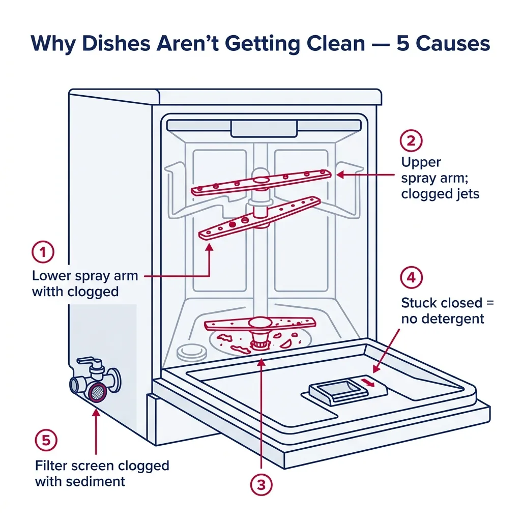 Inside view of a dishwasher highlighting five causes of poor cleaning: clogged spray arm jets (upper and lower), dirty filter, stuck detergent dispenser, and inlet valve screen.