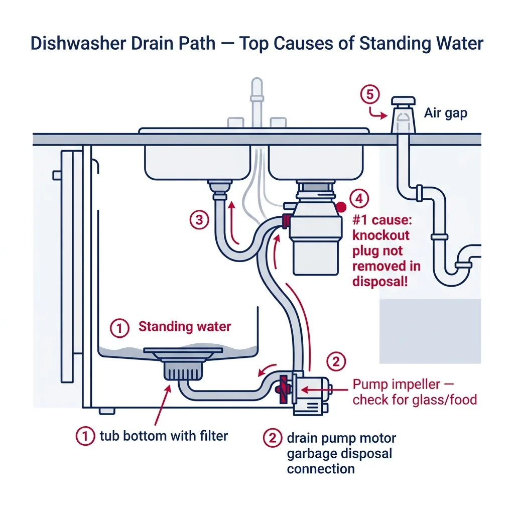 Underside view of a dishwasher drain path showing tub filter, drain pump impeller, hose connection to garbage disposal with knockout plug warning.