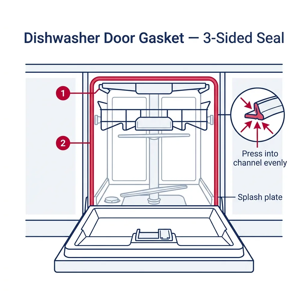 Front view of an open dishwasher showing the 3-sided door gasket path (top + sides, not bottom) with cross-section inset.