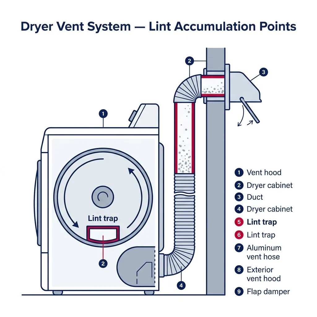 Schematic of a residential dryer venting system showing the lint trap, flexible hose, in-wall duct, and exterior vent hood with arrows indicating where lint accumulates.