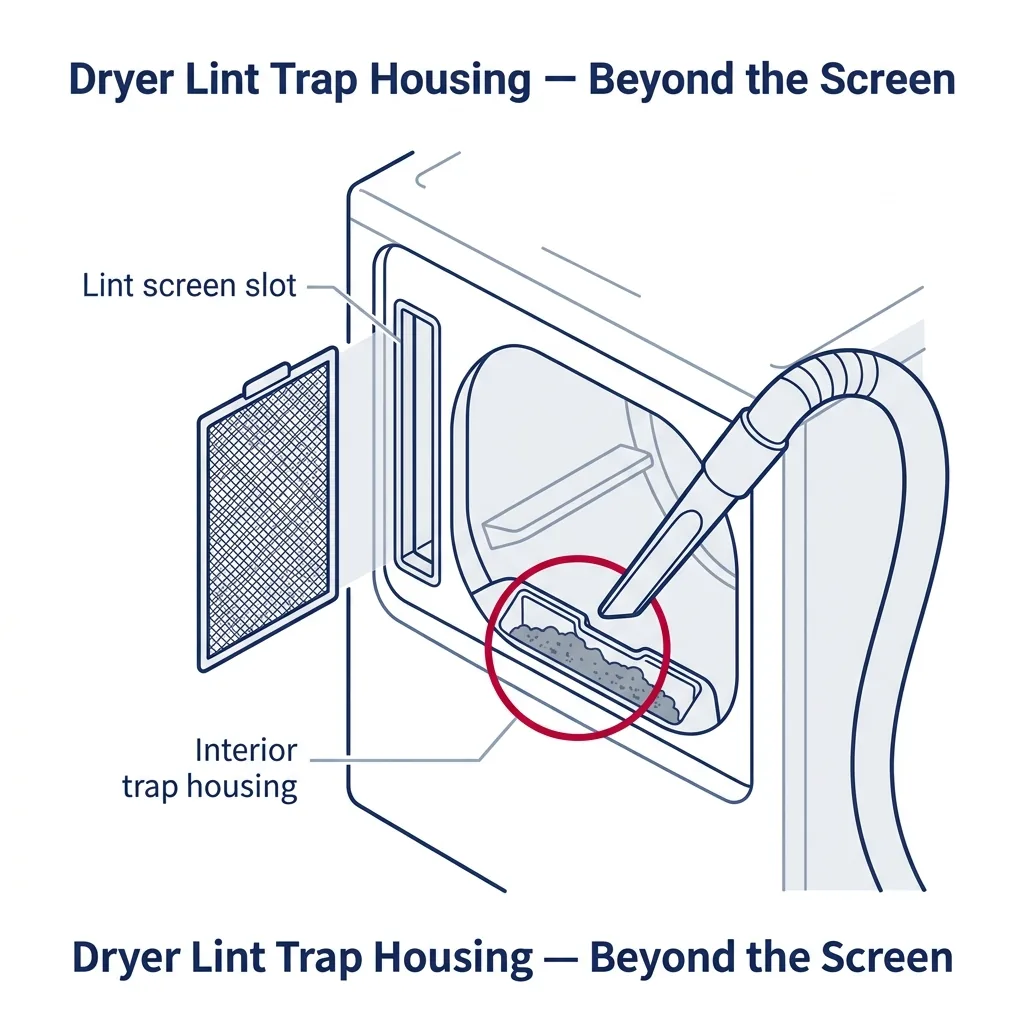 Cutaway view of a dryer lint trap housing with accumulated lint visible below the screen slot, and vacuum nozzle ready to extract.
