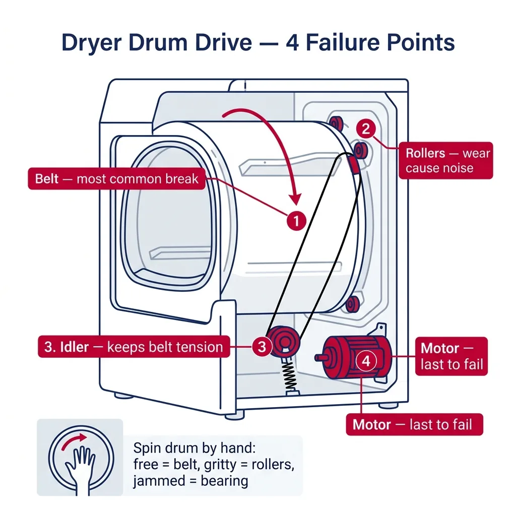 Cutaway view of a clothes dryer drum drive system showing four failure points: drive belt, drum rollers, idler pulley, and motor.