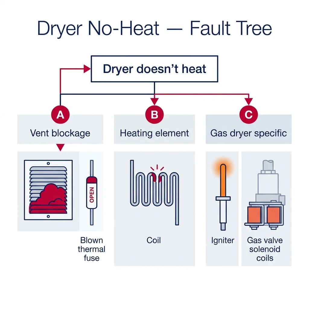 Fault tree diagram for a dryer that doesn't heat, showing three causes: vent blockage with thermal fuse, broken heating element, and gas dryer igniter/solenoid issues.