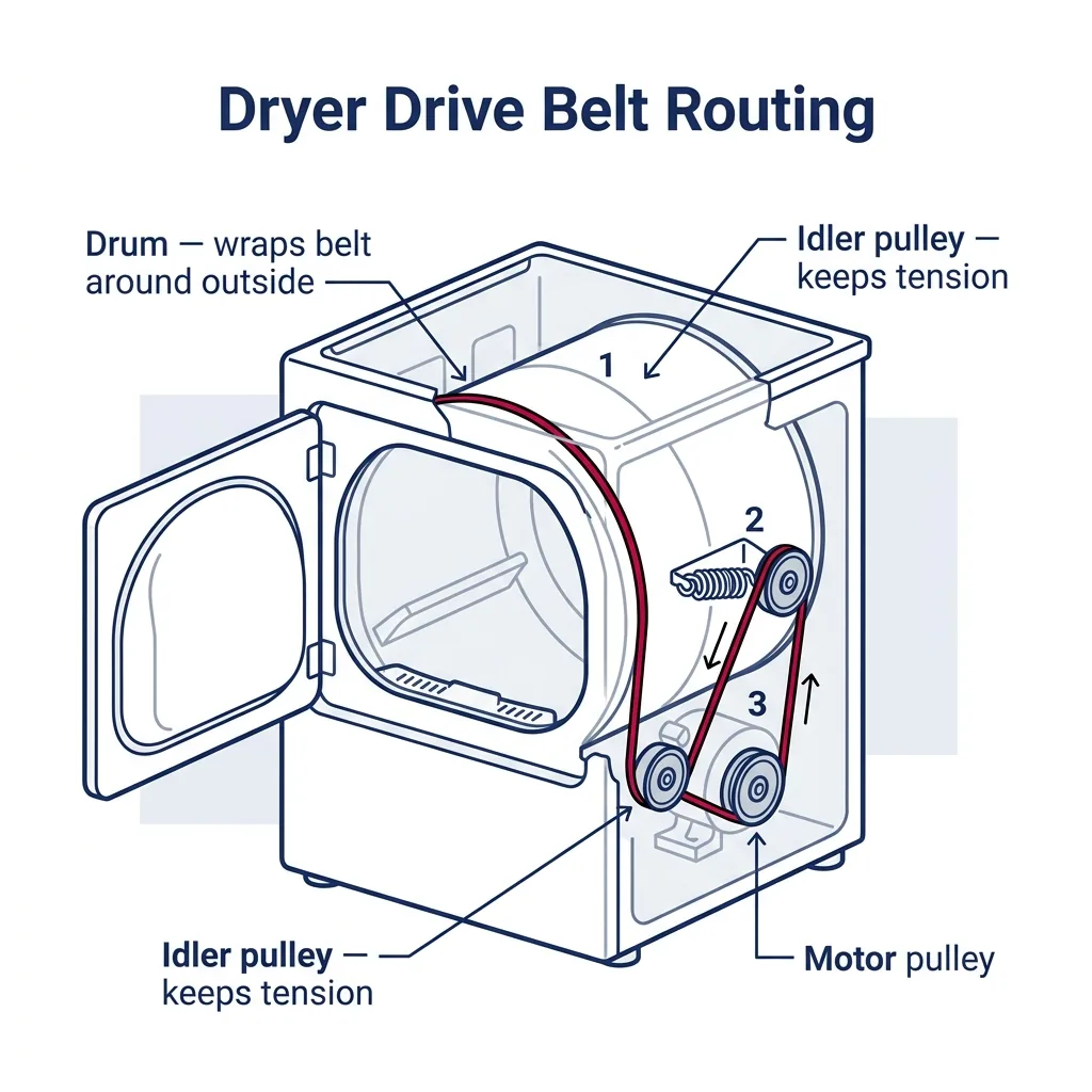 Cutaway diagram of a dryer showing drive belt routing around the drum, idler pulley, and motor pulley.