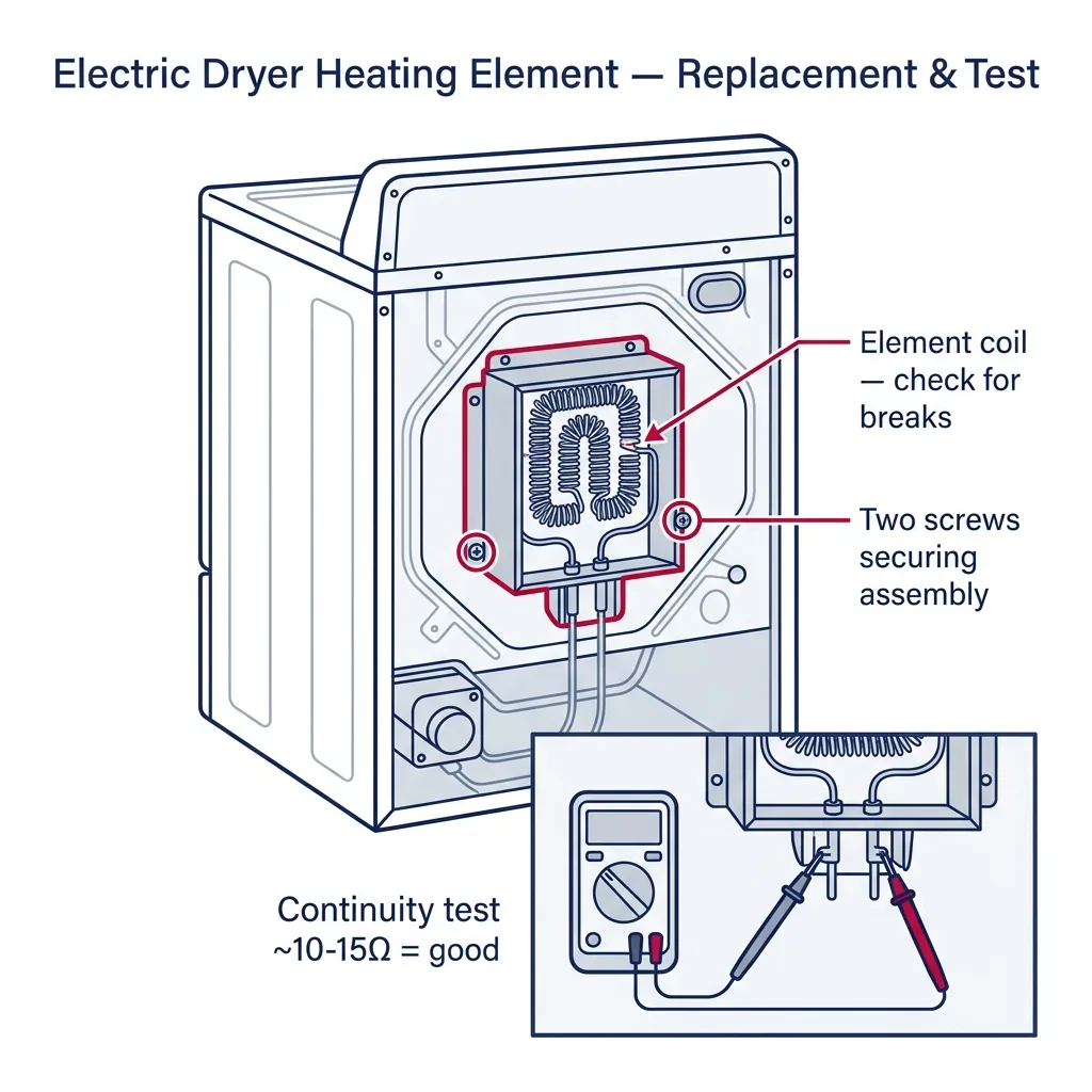 Rear view of an electric dryer showing heating element assembly with mounting screws and multimeter continuity test inset.
