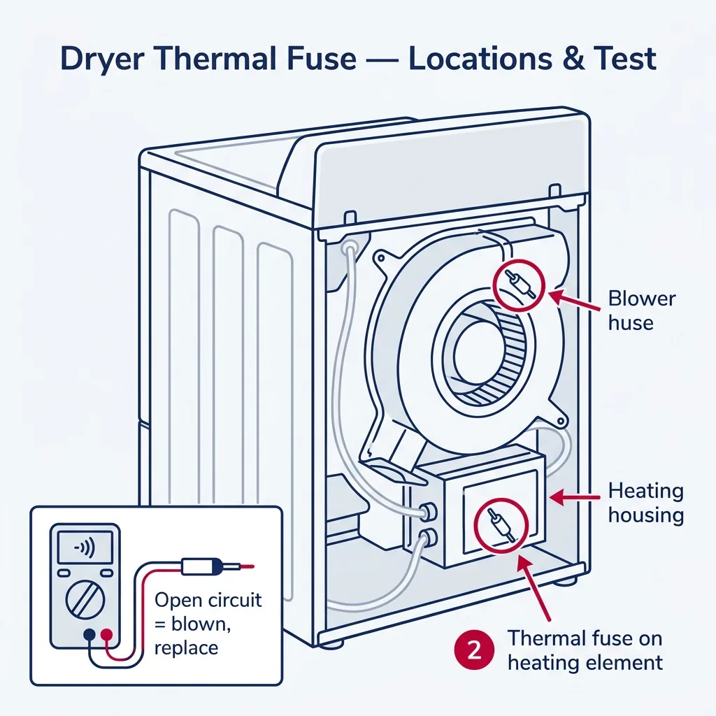 Rear view of a dryer showing thermal fuse locations on blower housing and heating element box with multimeter continuity test inset.