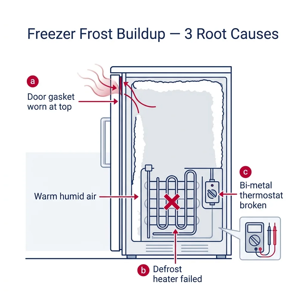 Side view of a freezer with frost on the back wall and three labeled causes: warm air leakage at gasket, failed defrost heater, broken defrost thermostat.
