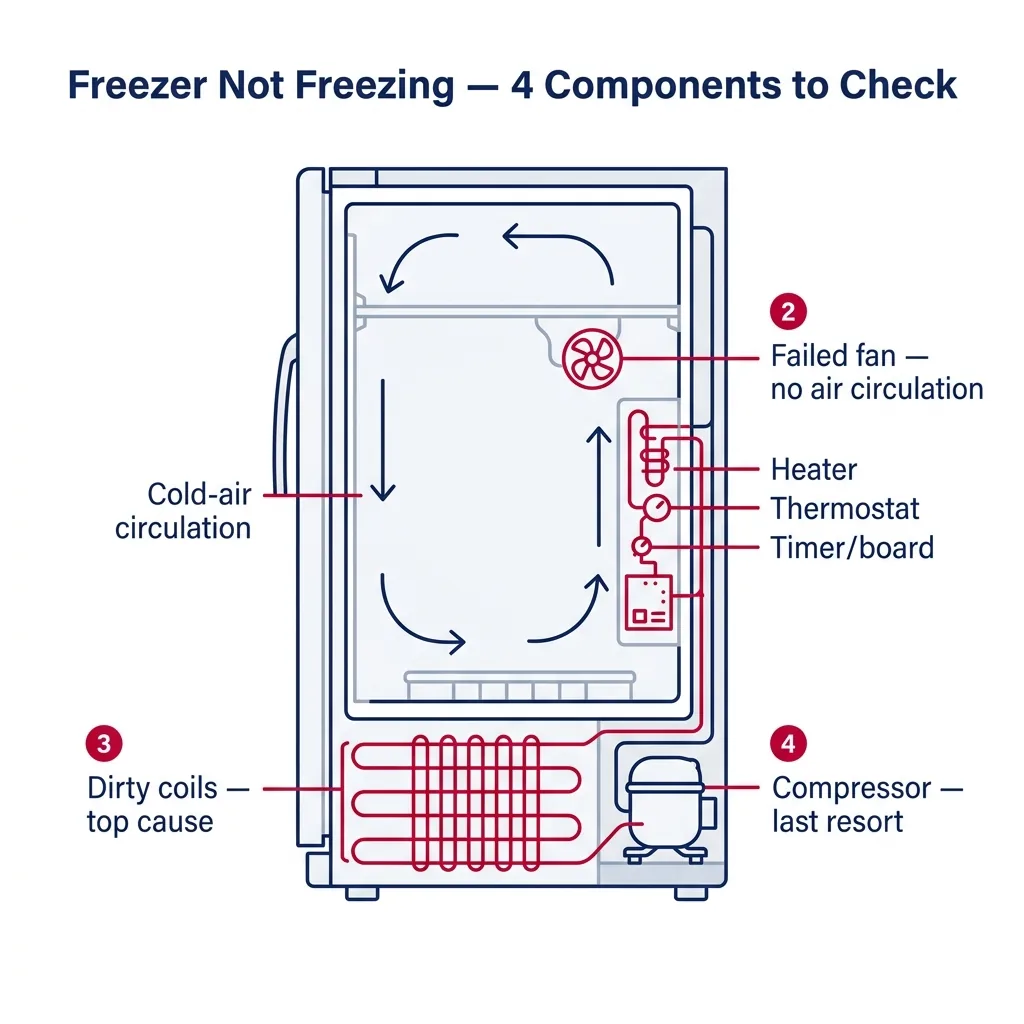 Cross-section of an upright freezer showing four components to check when not freezing: condenser coils, evaporator fan, defrost system, and compressor.