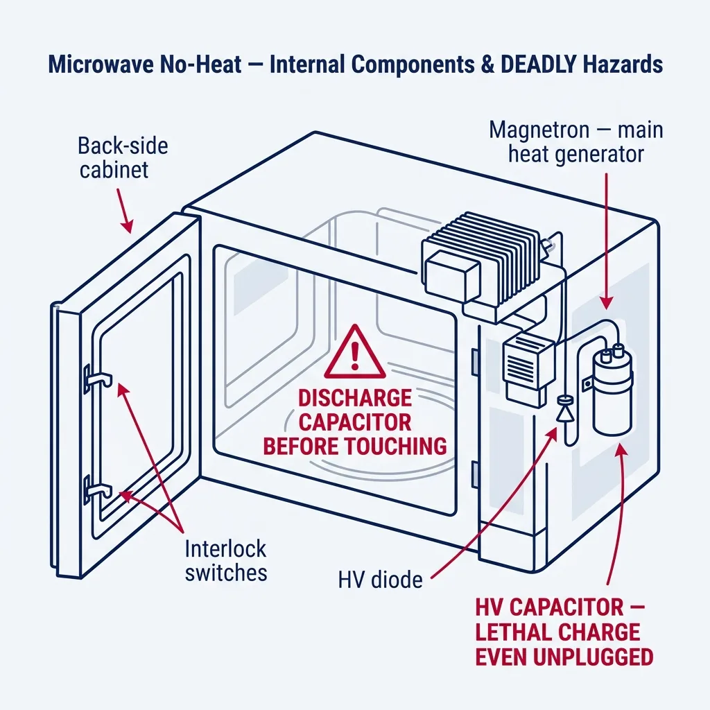 Interior cutaway of a microwave highlighting magnetron, high-voltage capacitor with lethal-charge warning, HV diode, and interlock switches.