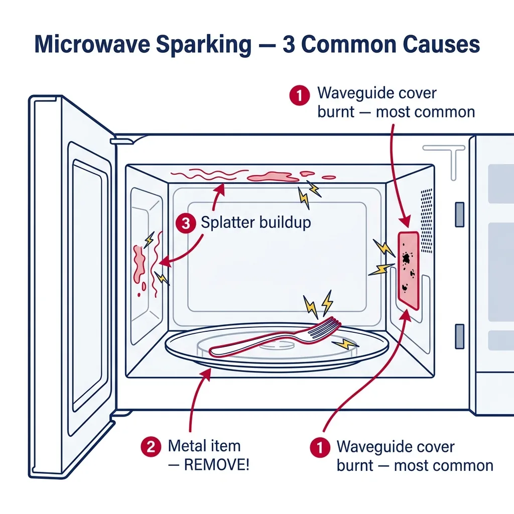 Interior view of a microwave showing three causes of sparking: burnt waveguide cover, metal item on turntable, and food splatter on cavity walls.