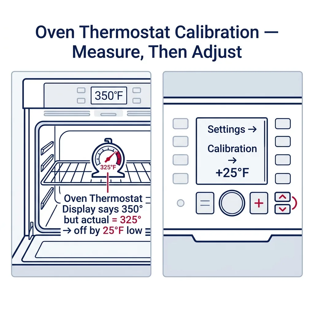 Two-panel diagram showing oven thermometer reading 25 degrees below display setpoint and the calibration menu offset adjustment.