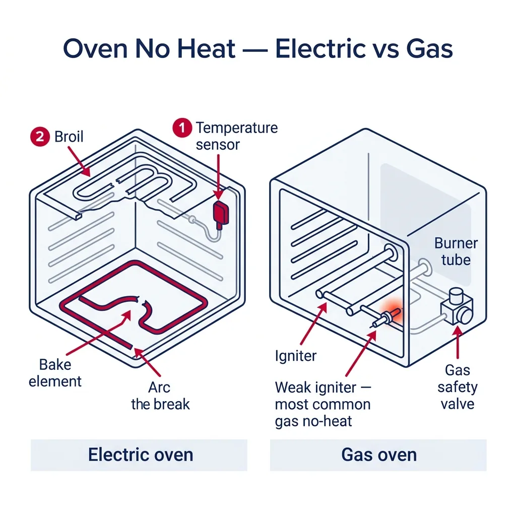 Two-panel diagram comparing electric oven (bake and broil elements, temp sensor) vs gas oven (burner tube, igniter, safety valve) heating components.