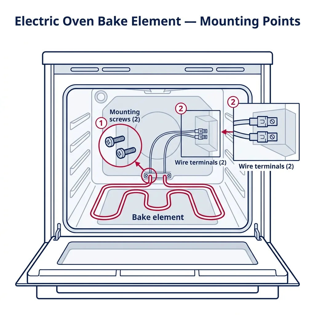 Interior view of an electric oven highlighting the bake element with its two mounting screws and two rear-wall wire terminals.