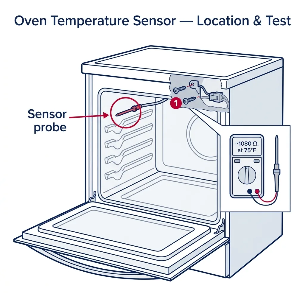 Interior of an electric oven highlighting the temperature sensor probe in the upper-back corner with mounting screws and multimeter resistance test.