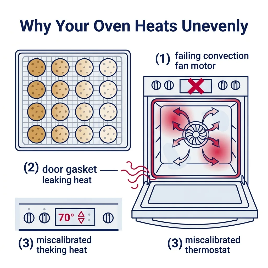 Top-down view of unevenly baked cookies alongside diagram showing uneven oven heating causes: fan motor failure, leaking door gasket, miscalibrated thermostat.