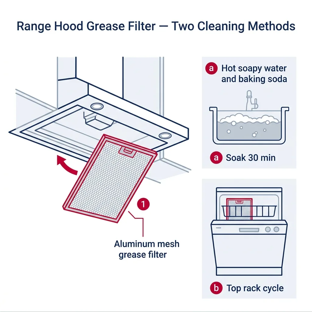 Underside view of a range hood with a grease filter being removed, alongside two cleaning options: hot soapy water soak and dishwasher top rack.