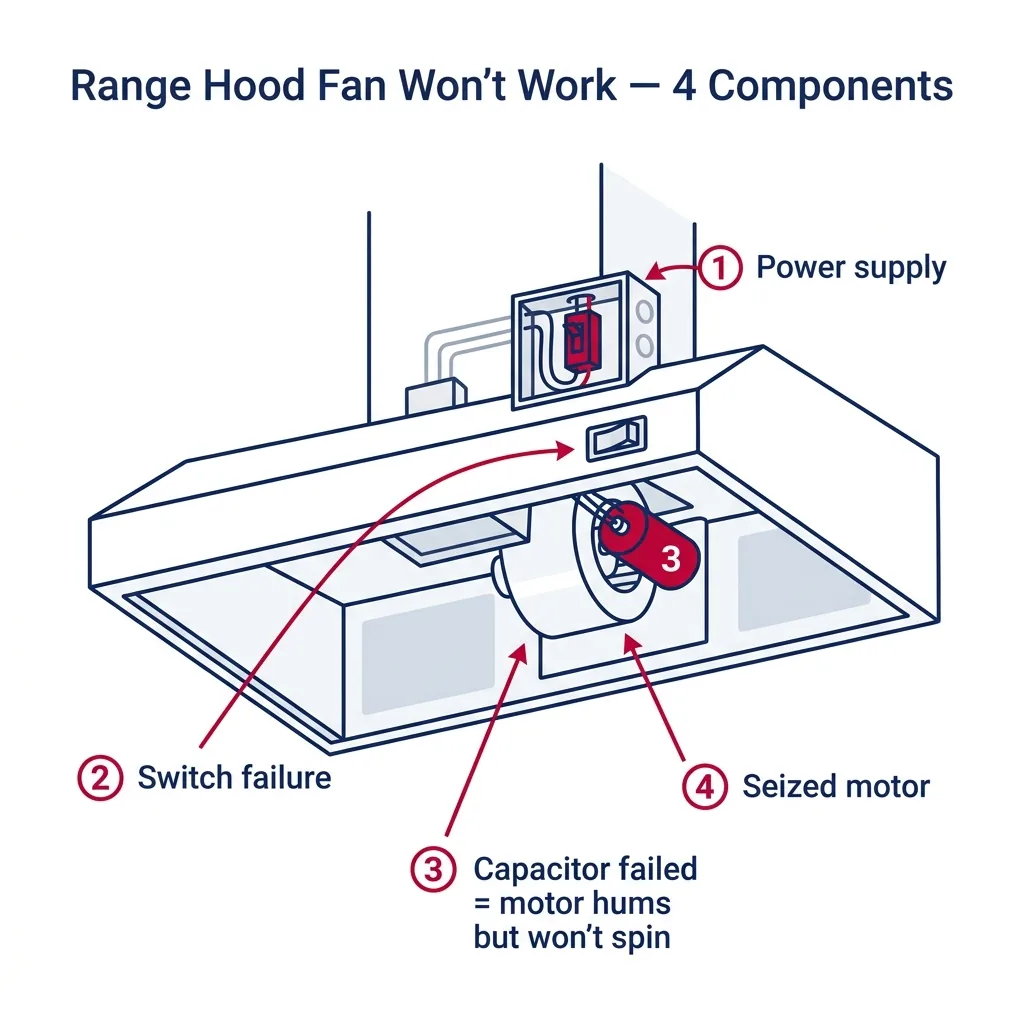 Underside of a range hood with bottom panel open, showing four failure points: power supply, speed control switch, capacitor, and fan motor.