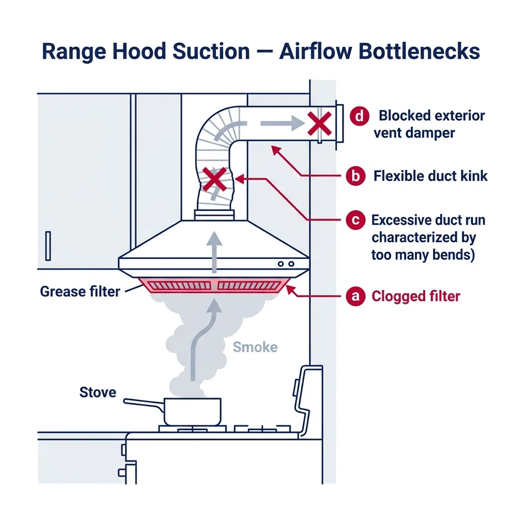 Side view of a range hood and ductwork showing airflow bottlenecks: clogged grease filter, kinked duct, long duct run with bends, and blocked exterior damper.