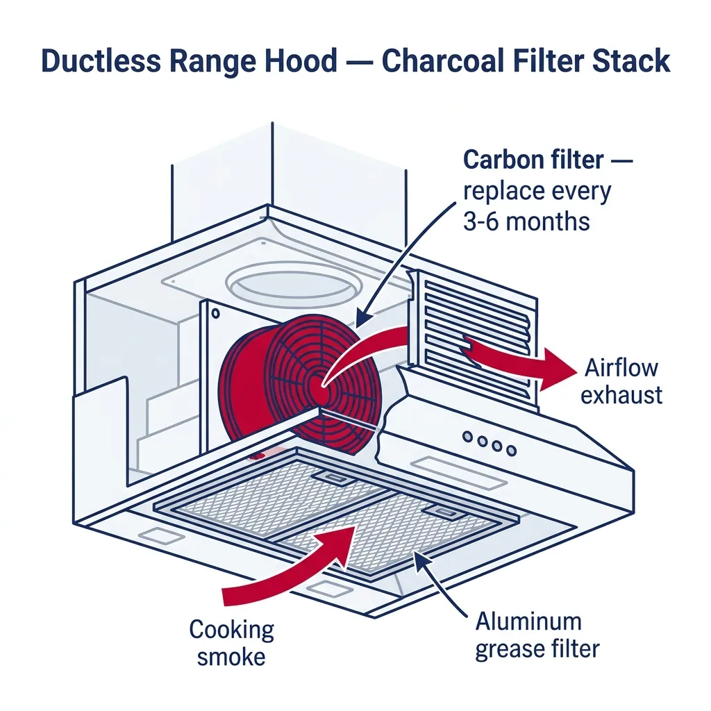 Cutaway of a ductless range hood showing the layered grease filter and charcoal filter with airflow path arrows.