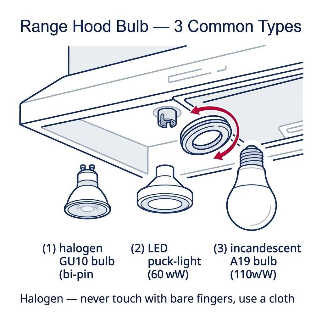 Underside view of a range hood light socket with three bulb type options compared side by side: halogen GU10, LED puck, and incandescent A19.