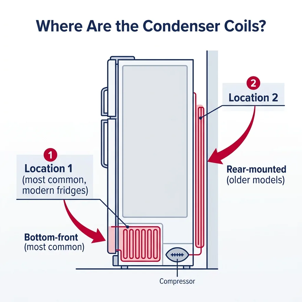 Cross-section diagram showing the two common locations of refrigerator condenser coils: bottom-front (most modern fridges) and rear-mounted (older models).