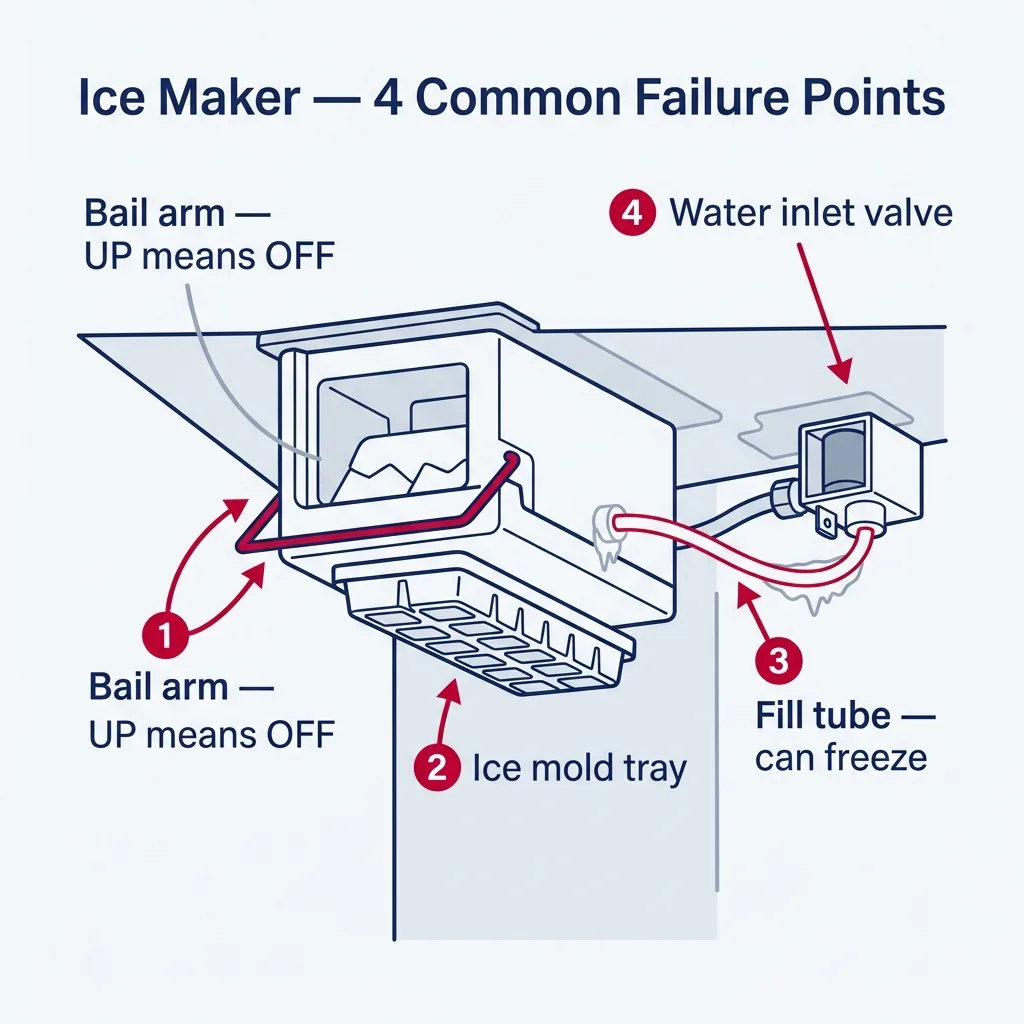 Top-down ice maker module diagram showing four common failure points: bail arm position, ice mold, fill tube freezing, and water inlet valve.