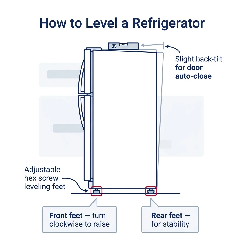 Side-view diagram showing refrigerator leveling feet locations with bubble level and slight back-tilt arrow.