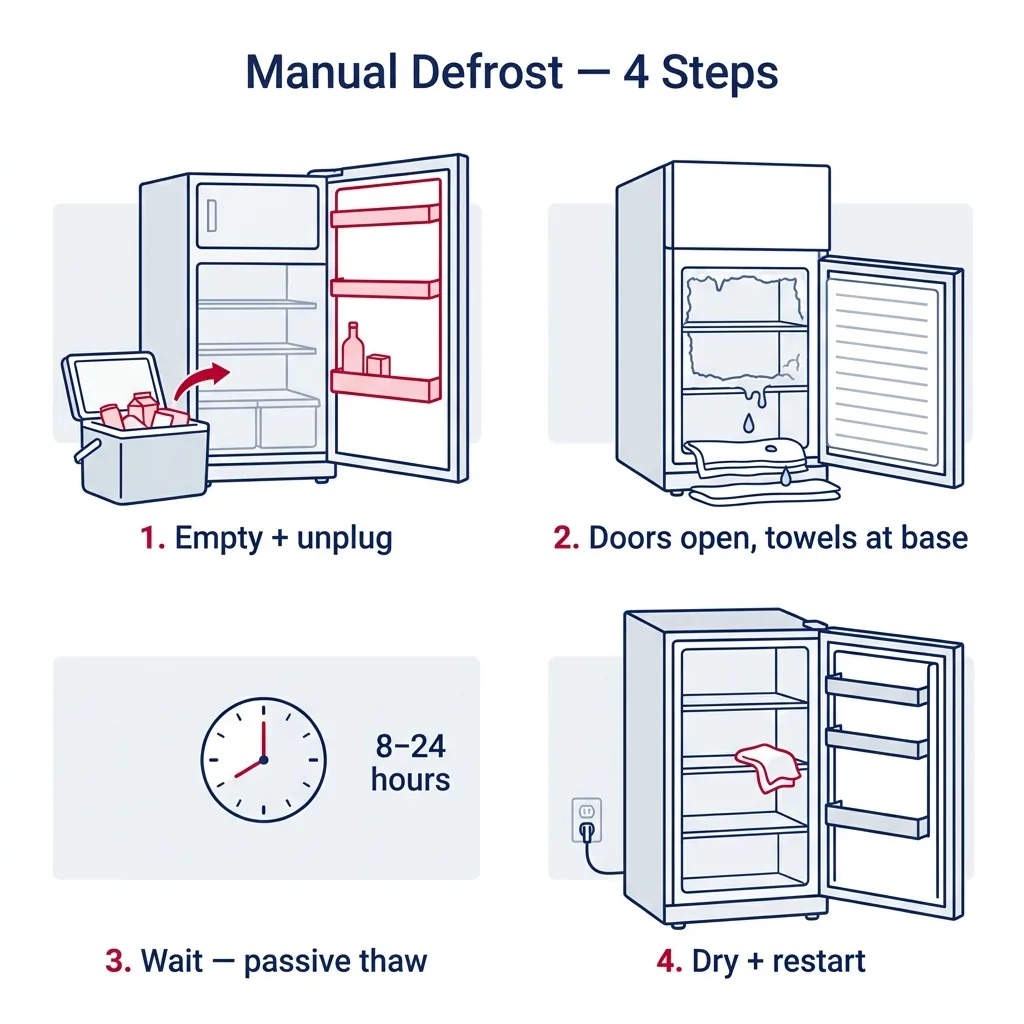 Four-panel step diagram for manual freezer defrosting: empty and unplug, doors open with towels, passive thaw, dry and restart.