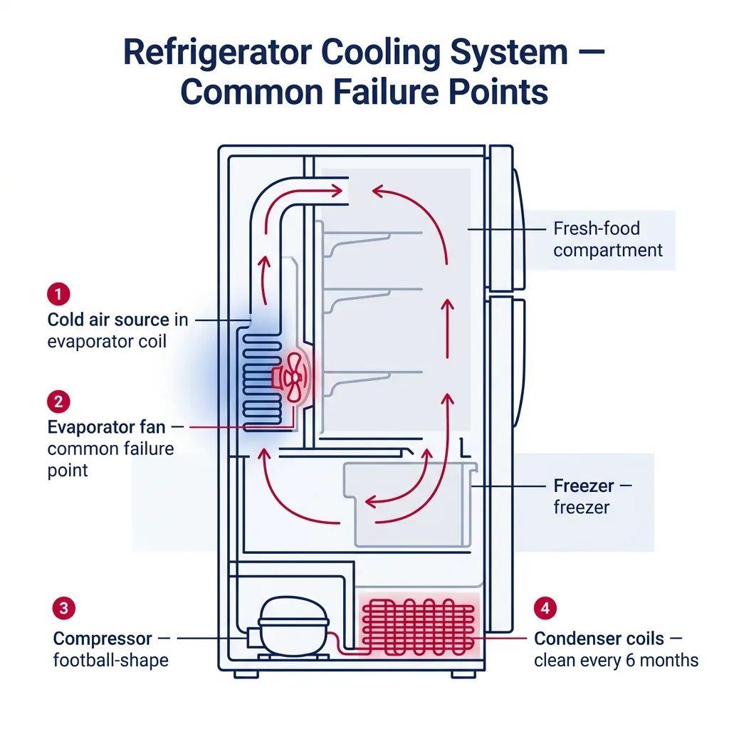 Cross-section of a refrigerator showing internal cooling airflow with the evaporator fan and condenser coils highlighted as common failure points.