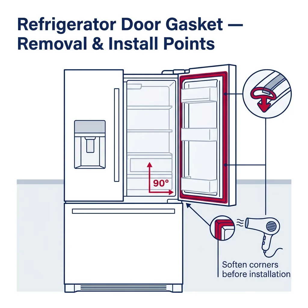 Front view of a French-door refrigerator showing the door gasket location around the door perimeter, with cross-section inset and hairdryer-soften technique.