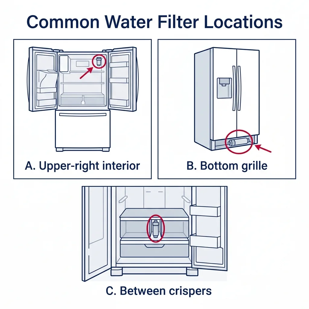 Diagram showing the three common refrigerator water filter locations: upper-right interior, bottom grille, and between crispers.