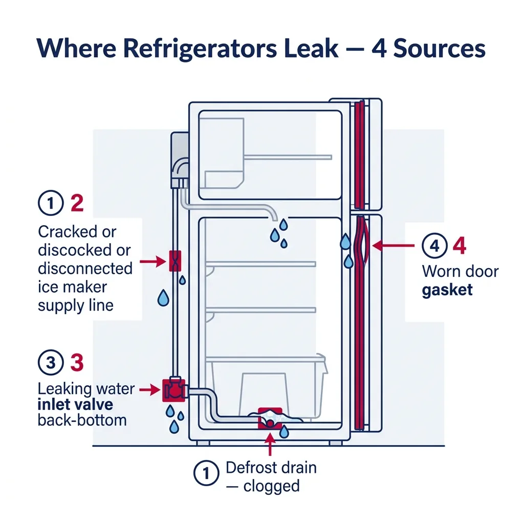 Cross-section of a refrigerator showing the four common water leak sources: clogged defrost drain, cracked supply line, leaking inlet valve, worn door gasket.