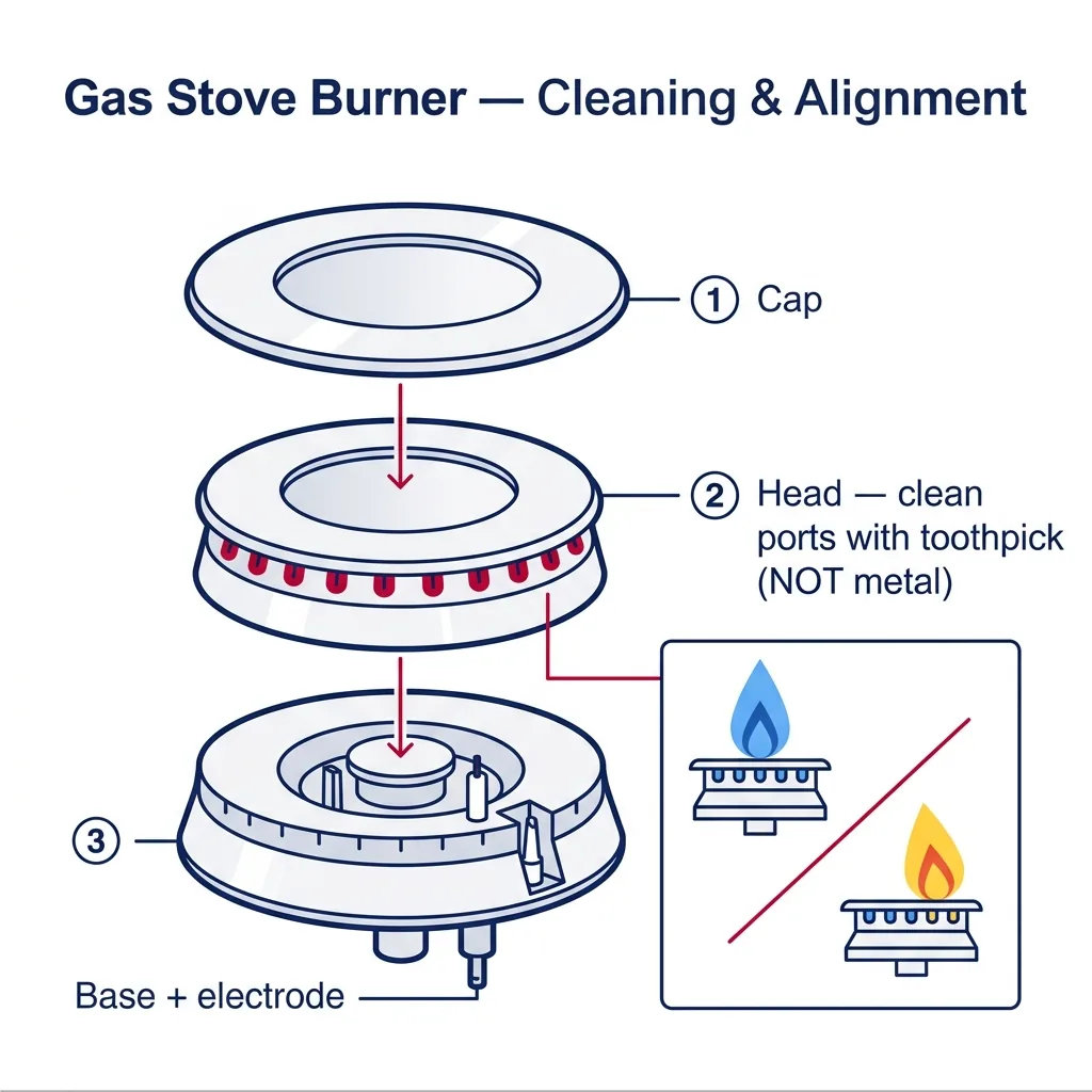 Exploded view of a gas stove burner showing cap, head with flame ports, and base electrode, plus inset comparing proper blue flame vs misaligned yellow flame.