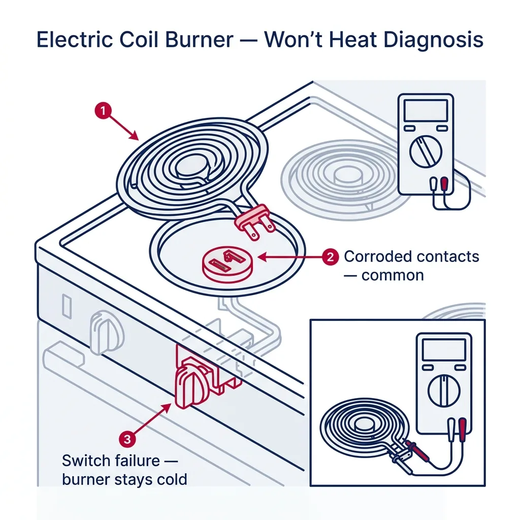 Cutaway of an electric stovetop coil burner showing the burner element terminal, receptacle socket, and infinite switch with multimeter test inset.