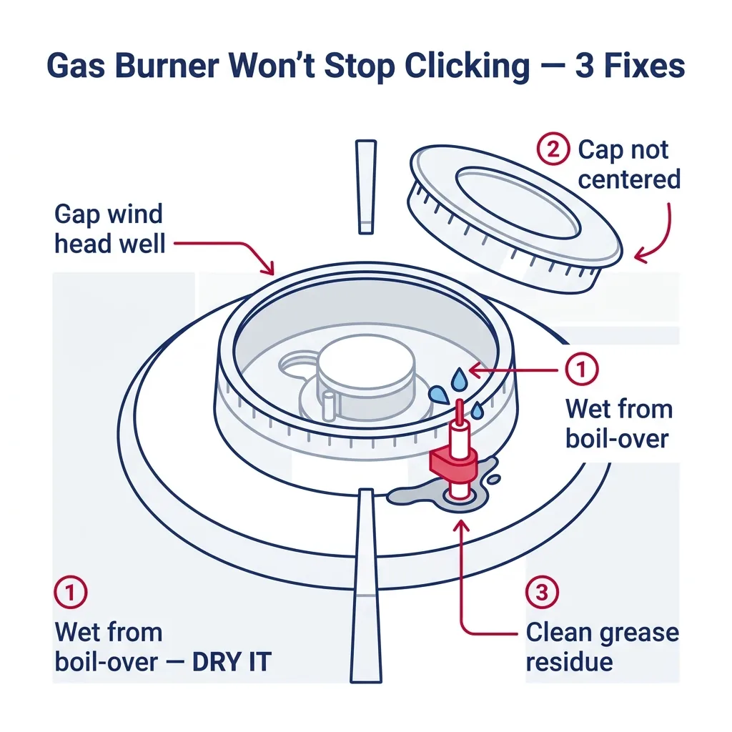 Top-down view of a gas burner with cap removed, showing the spark electrode and three causes of constant clicking: moisture, misaligned cap, grease buildup.