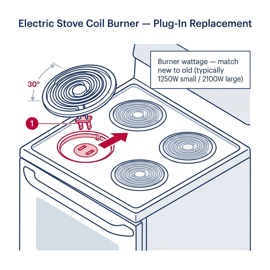 Top-down view of an electric stovetop with one coil burner lifted showing the two-prong terminal plugged into receptacle, with wattage matching note.