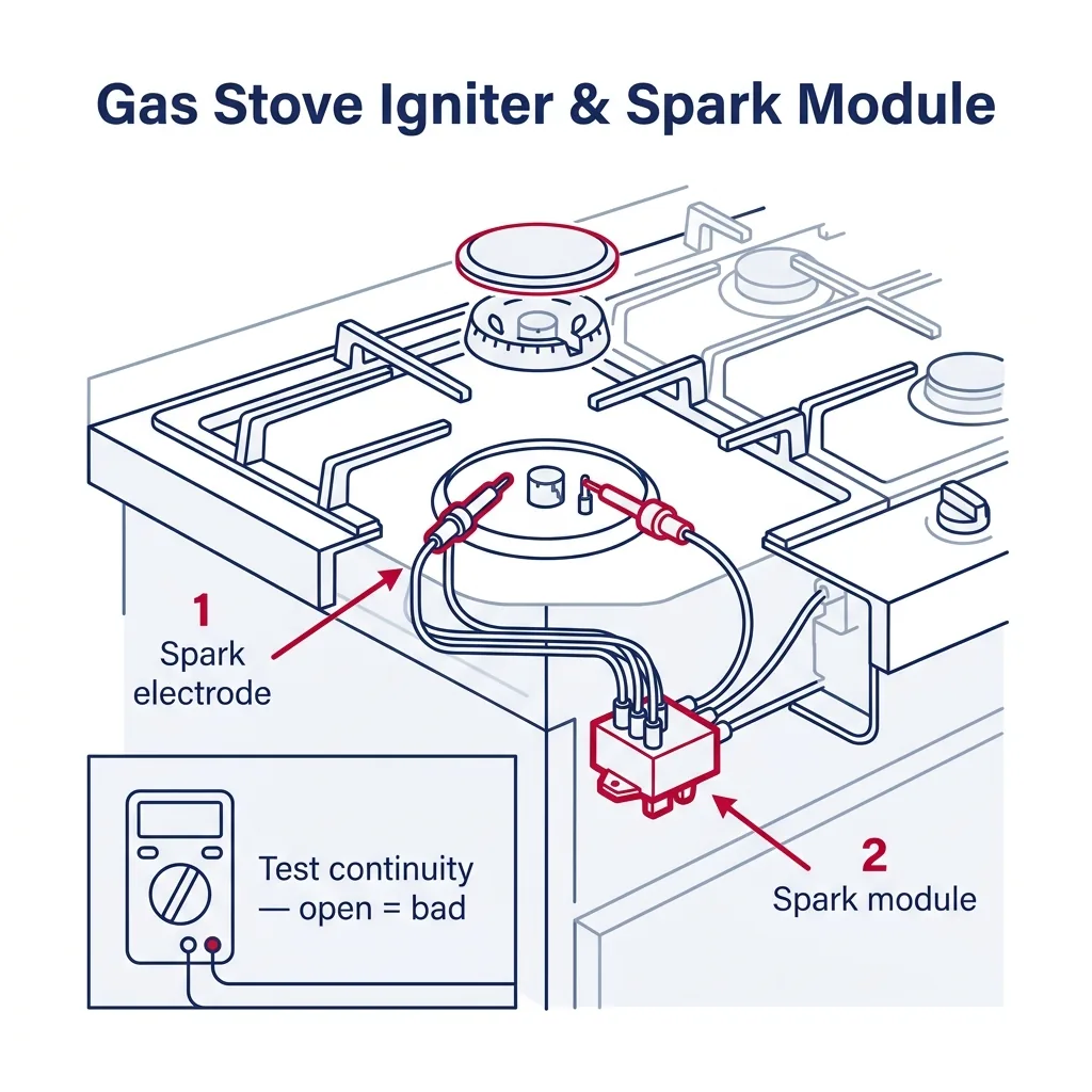 Cutaway of a gas stove showing the spark electrode at the burner and the central spark module under the cooktop with continuity test.