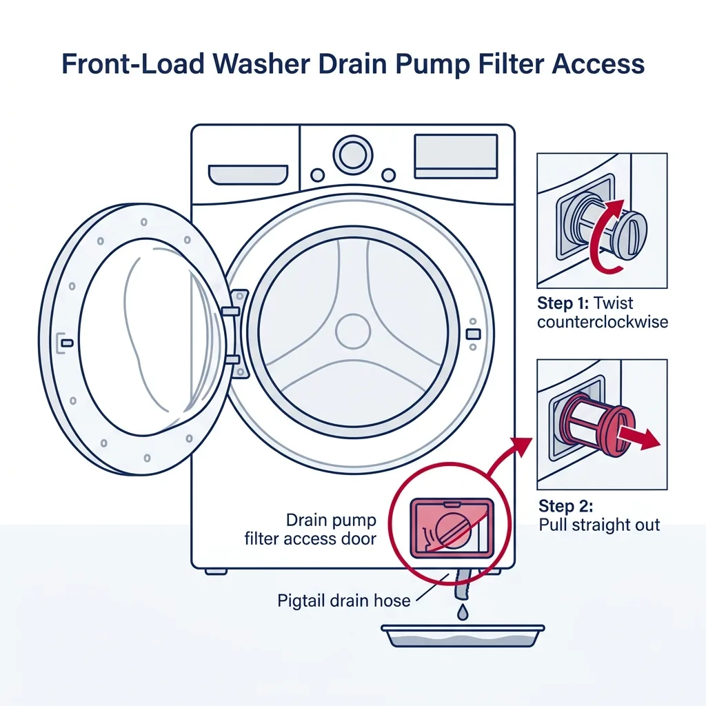 Diagram of a front-load washer showing how to access and remove the drain pump filter, with twist-counterclockwise and pull-out arrows.
