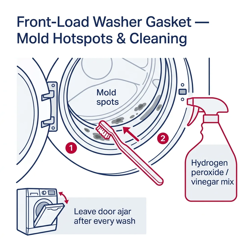 Close-up of front-load washer door gasket showing mold spots in folds with toothbrush and cleaning spray, plus reminder to leave door ajar.