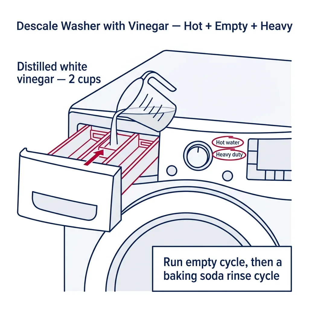 Front view of a washing machine with vinegar being poured into detergent dispenser and hot/heavy-duty cycle settings highlighted on control panel.
