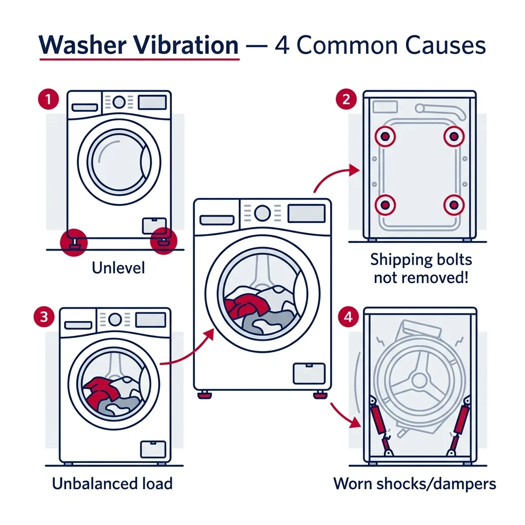 Front view of a washer showing four causes of excessive vibration: unlevel feet, shipping bolts not removed, unbalanced load, worn shock absorbers.