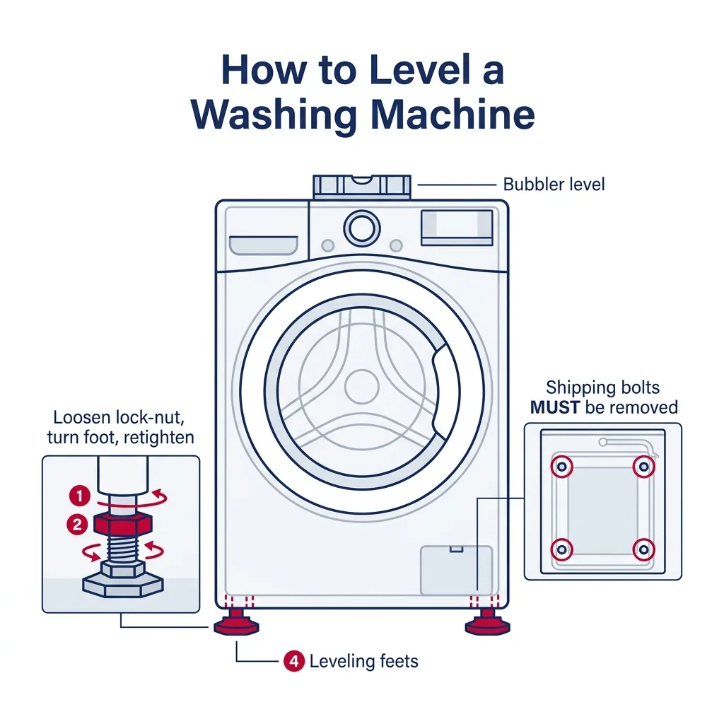Front view of front-load washer with corner leveling feet, bubble level on top, and inset showing shipping bolts removal points.