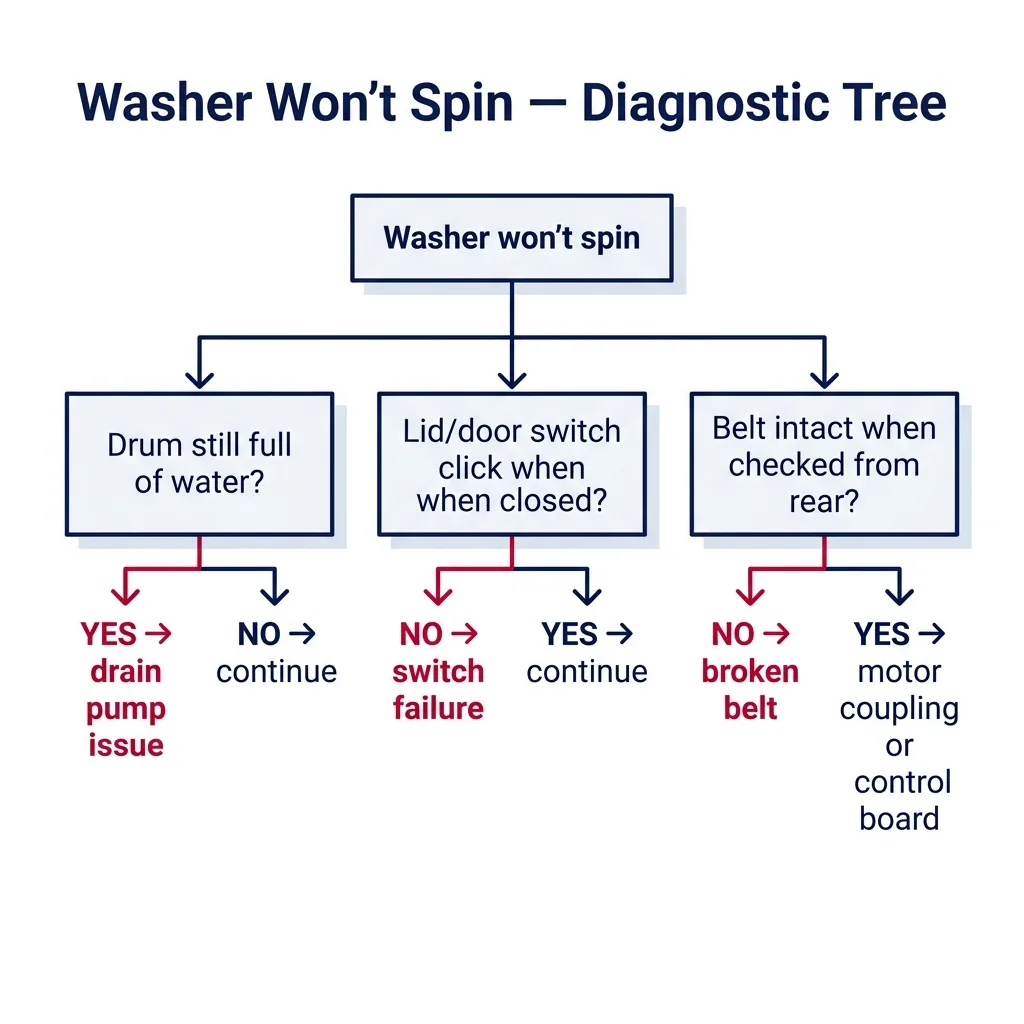 Decision-tree diagram for diagnosing a washer that won't spin, with branches for drain pump, lid switch, drive belt, and motor coupling causes.