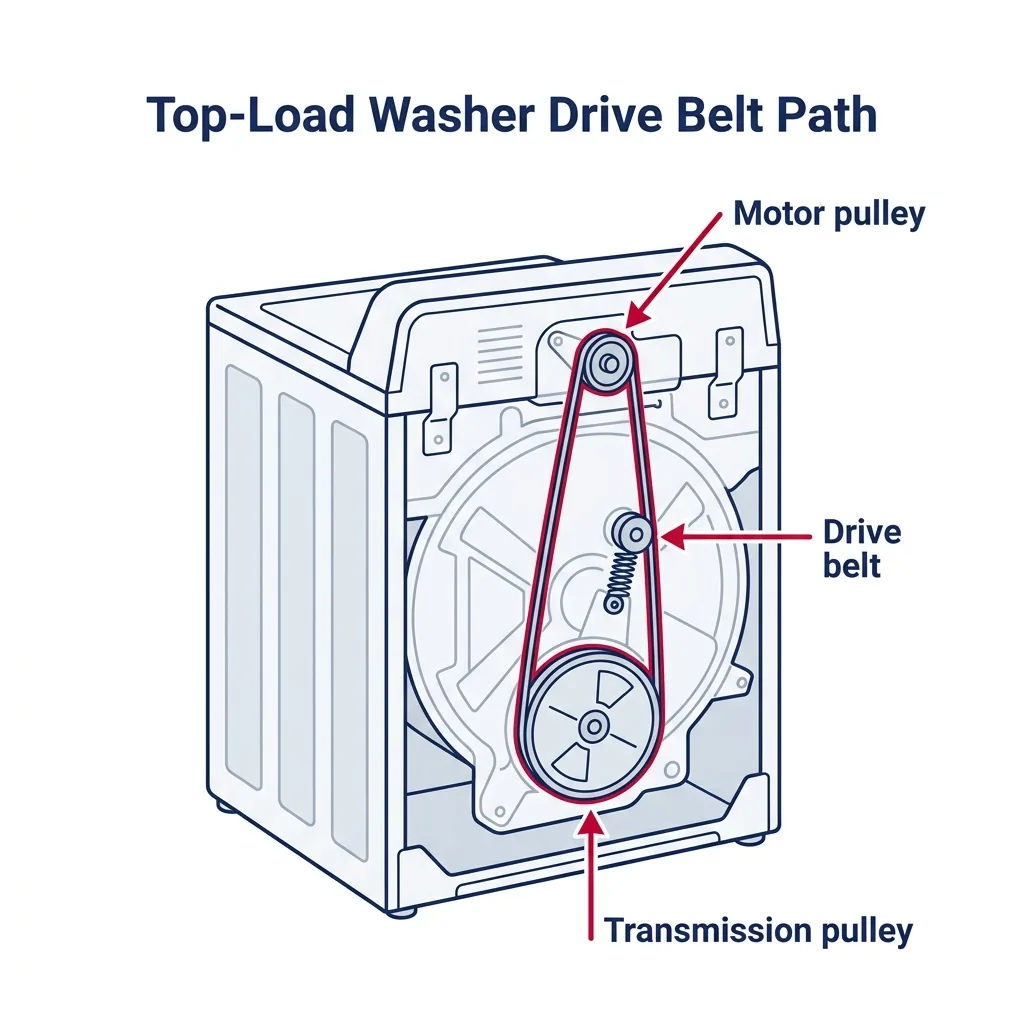 Rear cutaway diagram of a top-load washer showing drive belt routing between motor and transmission pulleys with idler tensioner.