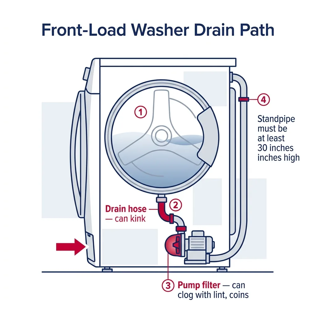 Cutaway diagram of a front-load washer showing the drain path from drum through drain hose to pump and standpipe, with clog points highlighted.